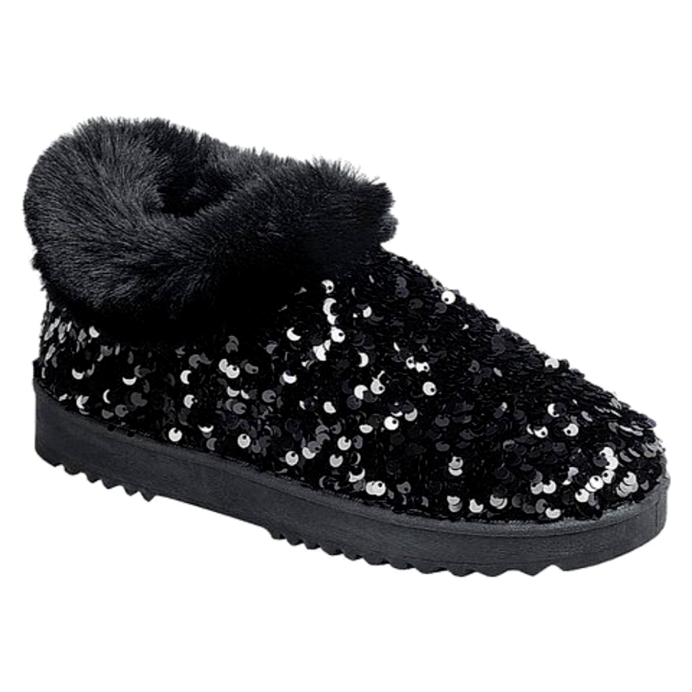 Black sequin faux fur bootie